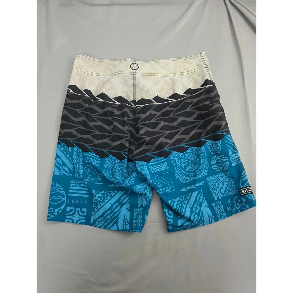 HIC Hawaiian Island Creations Board Shorts Mens Blue Tribal Print Swim Trunks